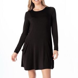 Betabrand Black Long Sleeve Lagenlook Silk Minimalist Pocket Chic Casual Dress